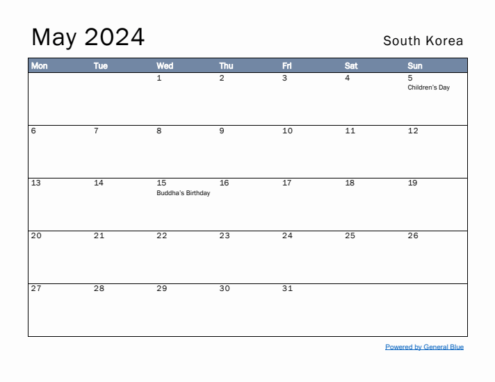 May 2024 Simple Monthly Calendar for South Korea