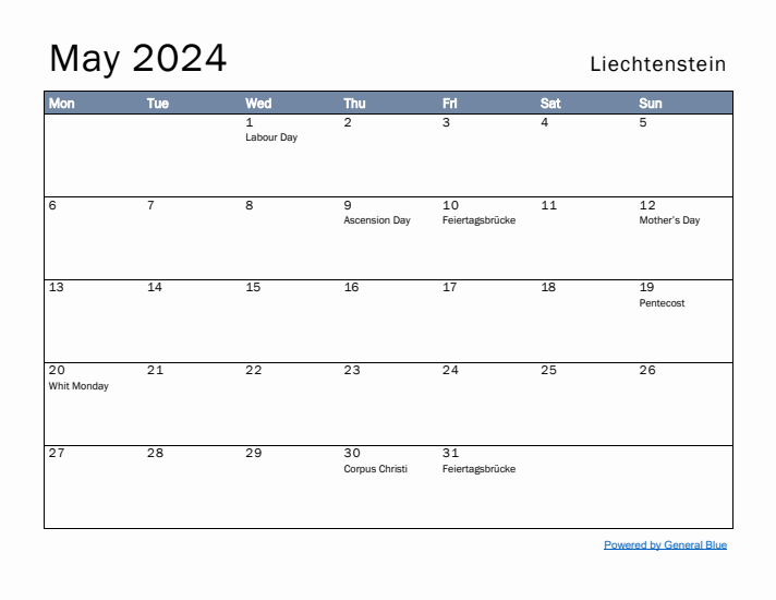 May 2024 Simple Monthly Calendar for Liechtenstein