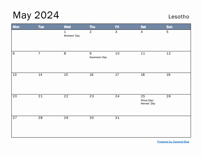 May 2024 Simple Monthly Calendar for Lesotho