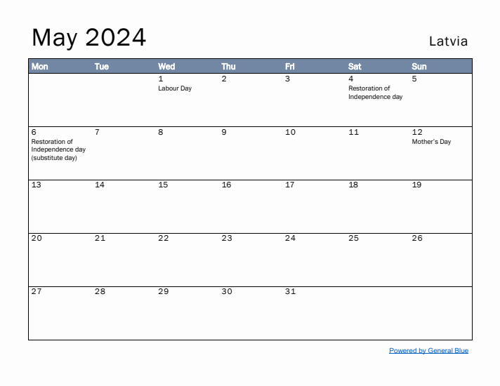 May 2024 Simple Monthly Calendar for Latvia