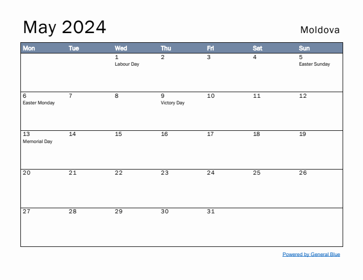 May 2024 Simple Monthly Calendar for Moldova