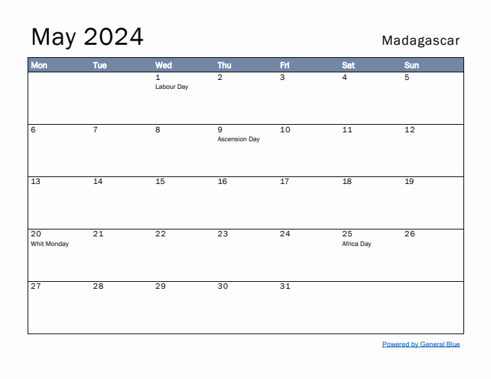 May 2024 Simple Monthly Calendar for Madagascar