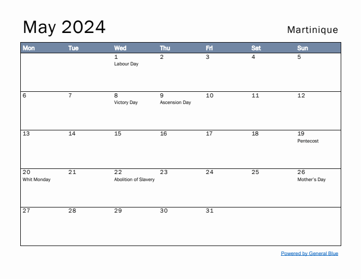 May 2024 Simple Monthly Calendar for Martinique