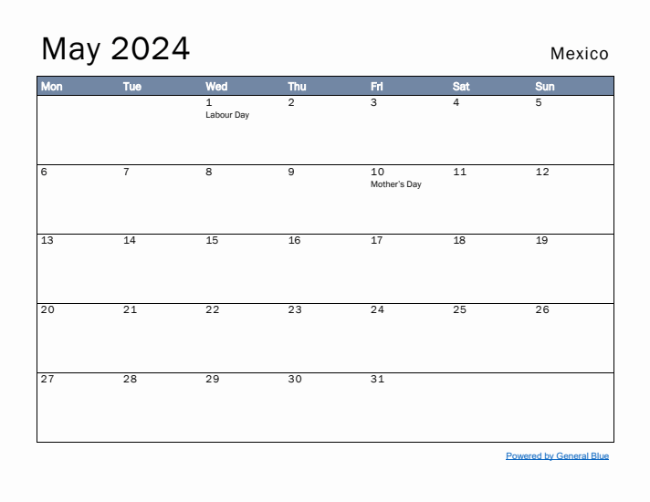 May 2024 Simple Monthly Calendar for Mexico