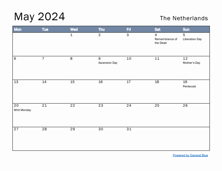 May 2024 Simple Monthly Calendar for The Netherlands