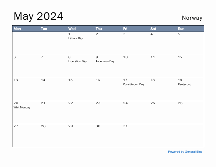 May 2024 Simple Monthly Calendar for Norway