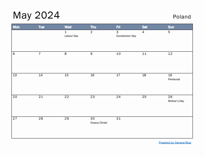 May 2024 Simple Monthly Calendar for Poland