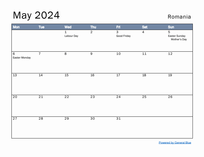 May 2024 Simple Monthly Calendar for Romania