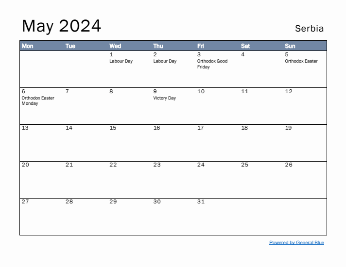 May 2024 Simple Monthly Calendar for Serbia