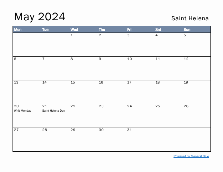 May 2024 Simple Monthly Calendar for Saint Helena