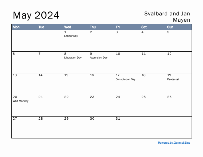 May 2024 Simple Monthly Calendar for Svalbard and Jan Mayen