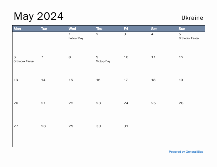 May 2024 Simple Monthly Calendar for Ukraine