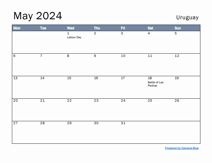 May 2024 Simple Monthly Calendar for Uruguay