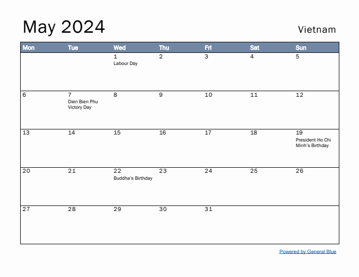 May 2024 Simple Monthly Calendar for Vietnam