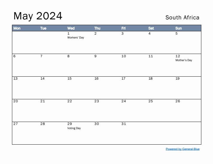 May 2024 Simple Monthly Calendar for South Africa