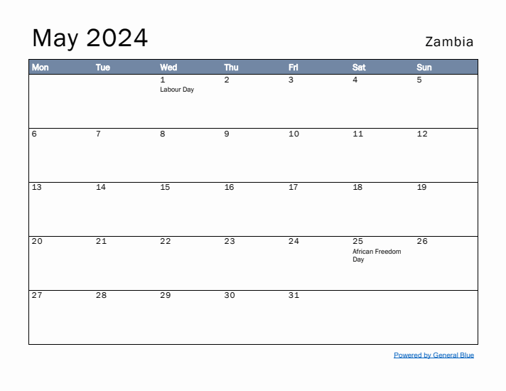 May 2024 Simple Monthly Calendar for Zambia