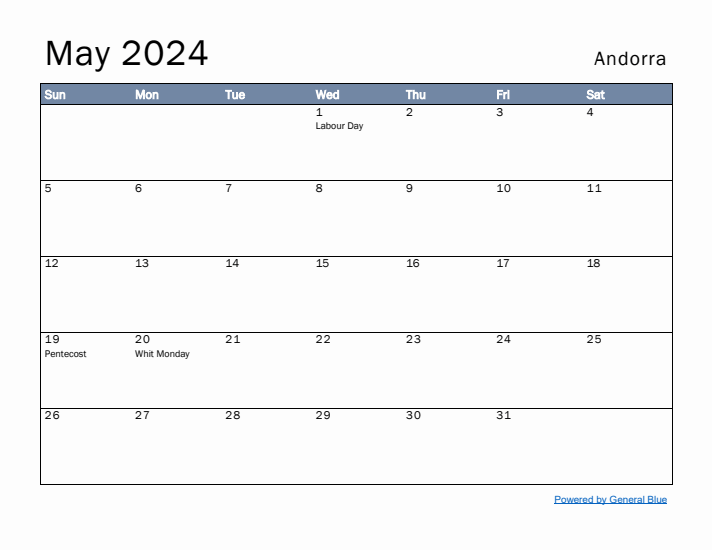 May 2024 Simple Monthly Calendar for Andorra