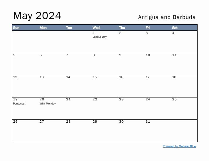 May 2024 Simple Monthly Calendar for Antigua and Barbuda