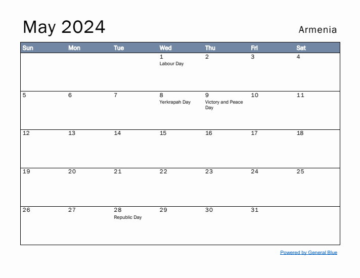 May 2024 Simple Monthly Calendar for Armenia