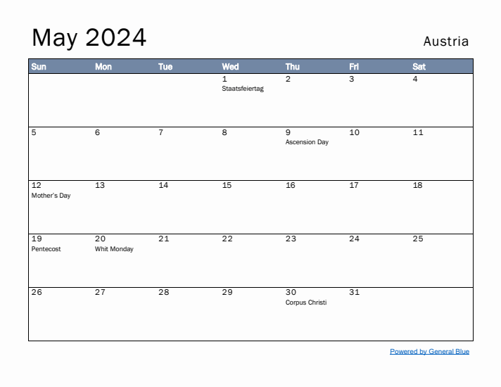 May 2024 Simple Monthly Calendar for Austria