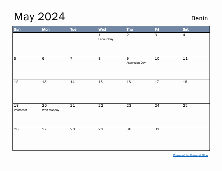 May 2024 Simple Monthly Calendar for Benin