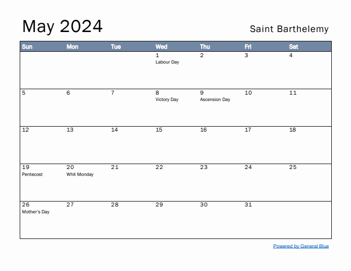 May 2024 Simple Monthly Calendar for Saint Barthelemy