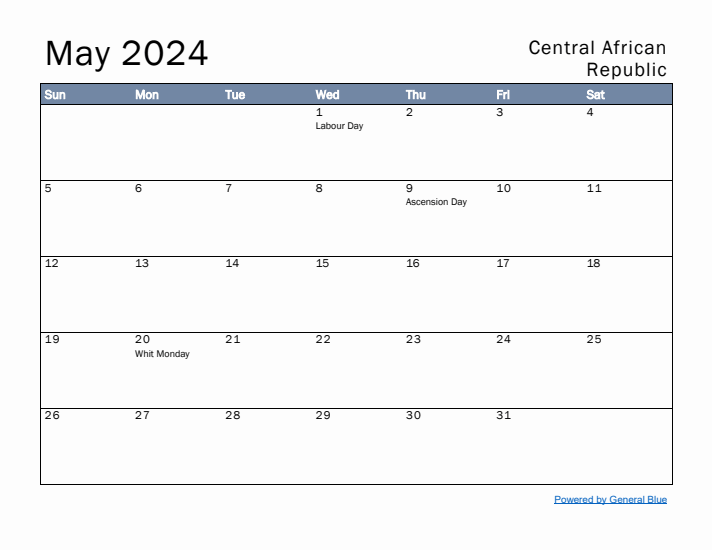 May 2024 Simple Monthly Calendar for Central African Republic