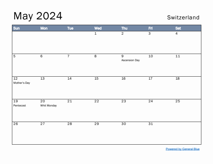 May 2024 Simple Monthly Calendar for Switzerland