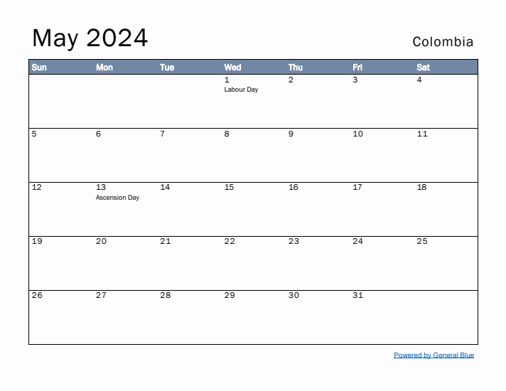 May 2024 Simple Monthly Calendar for Colombia