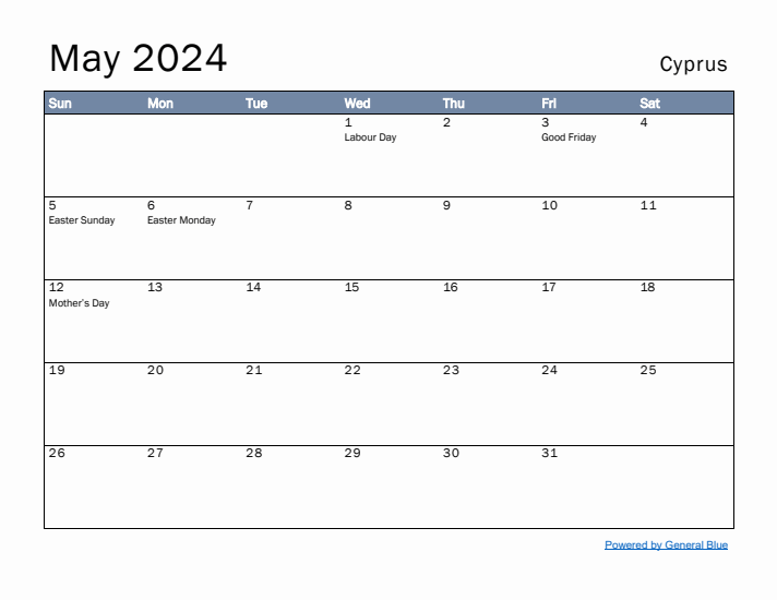 May 2024 Simple Monthly Calendar for Cyprus