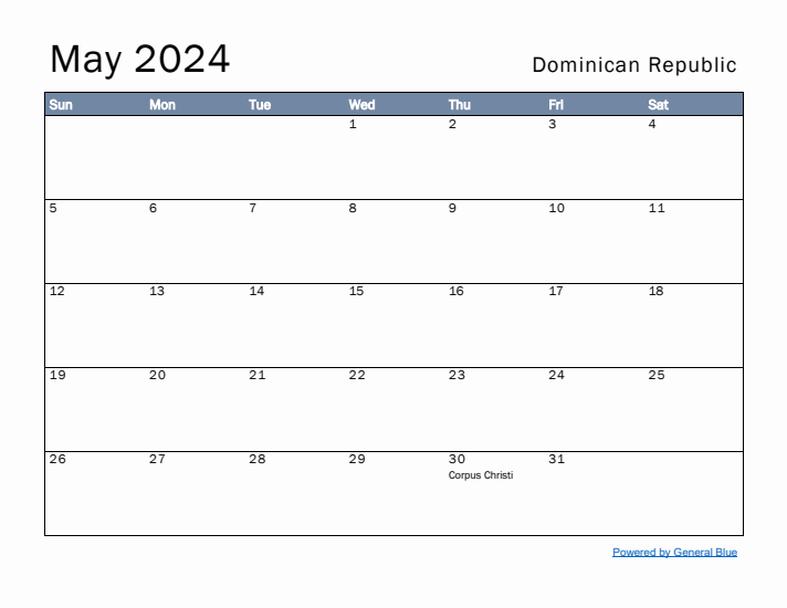 May 2024 Simple Monthly Calendar for Dominican Republic