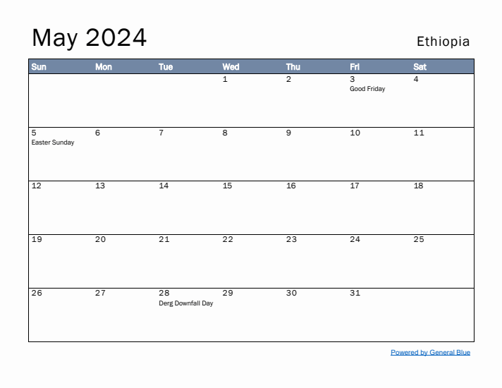 May 2024 Simple Monthly Calendar for Ethiopia