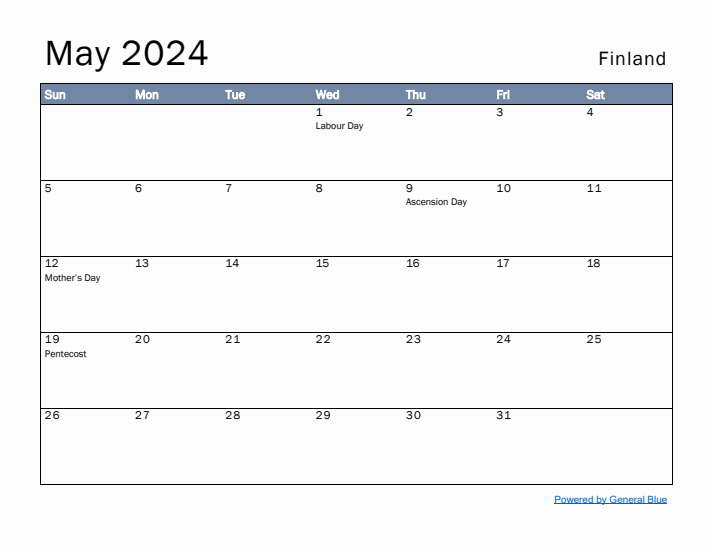 May 2024 Simple Monthly Calendar for Finland