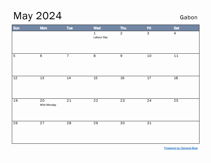 May 2024 Simple Monthly Calendar for Gabon