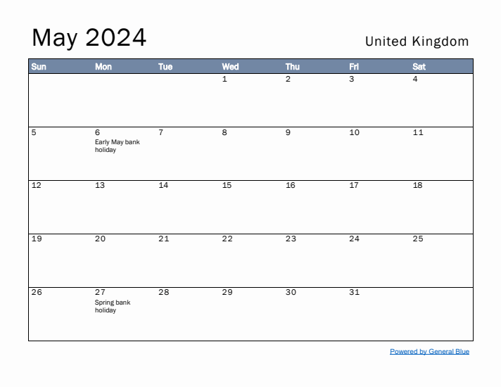 May 2024 Simple Monthly Calendar for United Kingdom