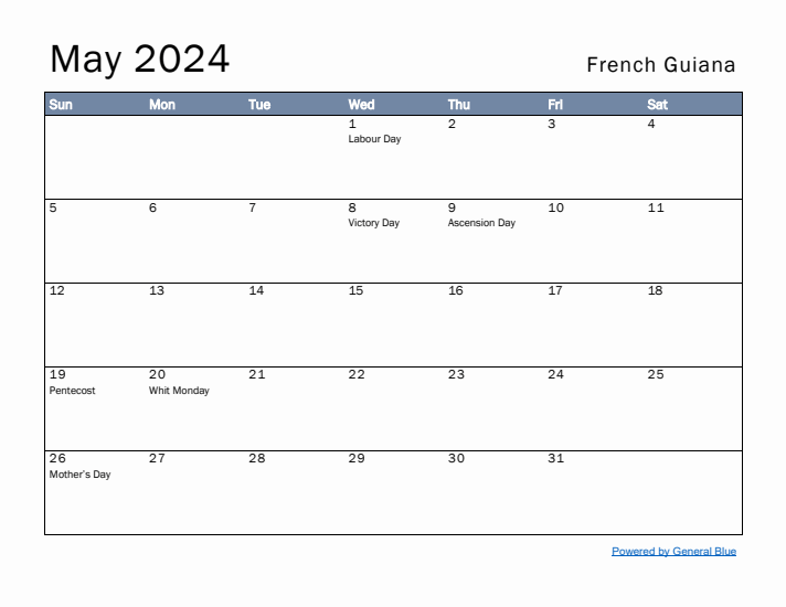 May 2024 Simple Monthly Calendar for French Guiana