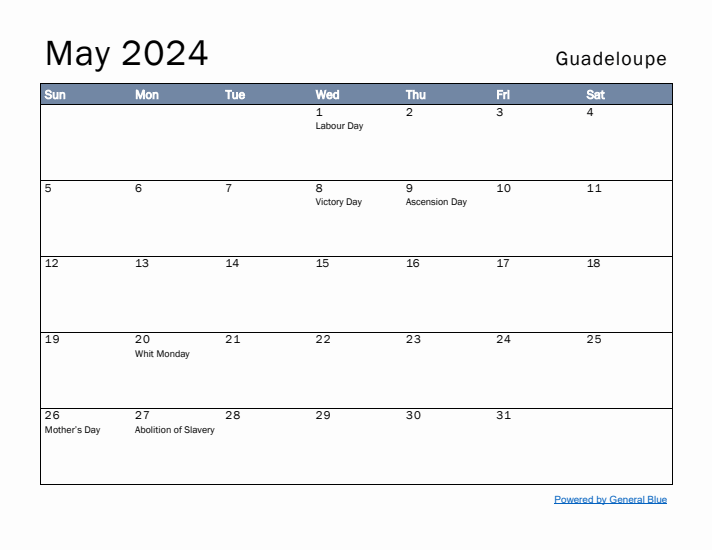 May 2024 Simple Monthly Calendar for Guadeloupe