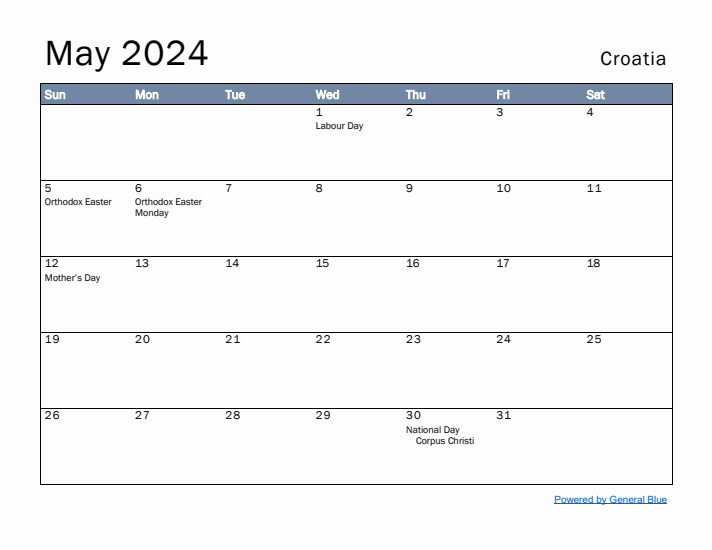 May 2024 Simple Monthly Calendar for Croatia