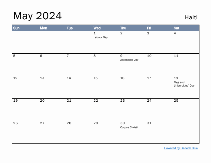 May 2024 Simple Monthly Calendar for Haiti