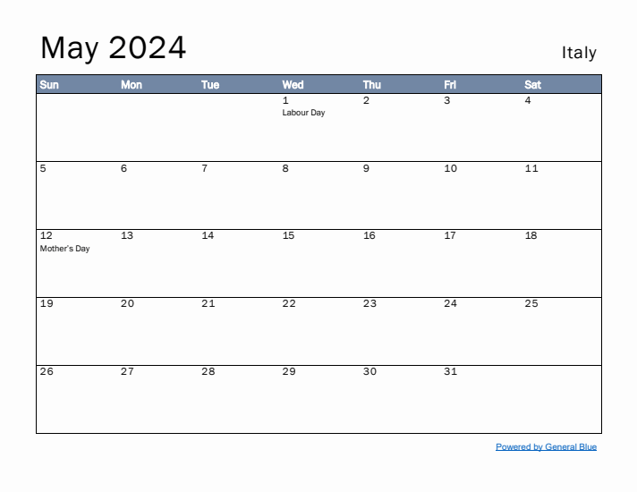 May 2024 Simple Monthly Calendar for Italy