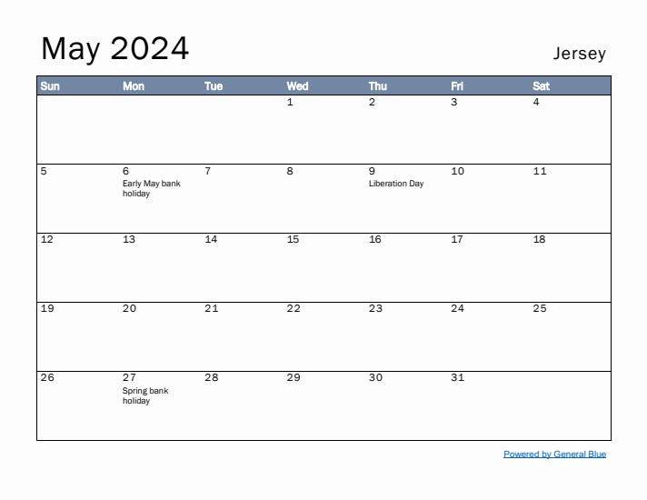 May 2024 Simple Monthly Calendar for Jersey