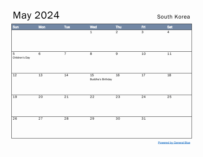 May 2024 Simple Monthly Calendar for South Korea