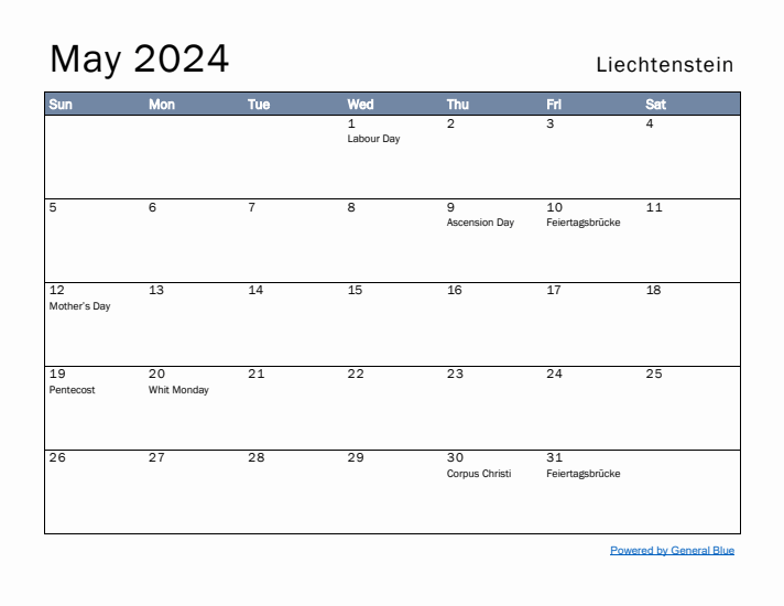 May 2024 Simple Monthly Calendar for Liechtenstein