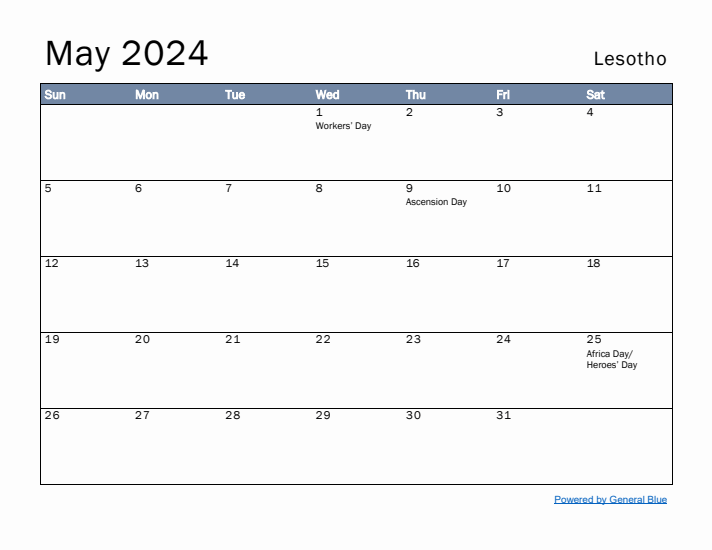 May 2024 Simple Monthly Calendar for Lesotho