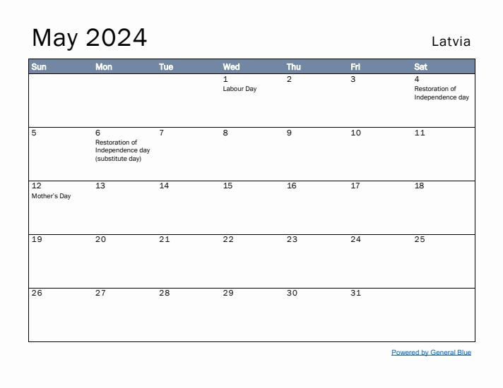 May 2024 Simple Monthly Calendar for Latvia