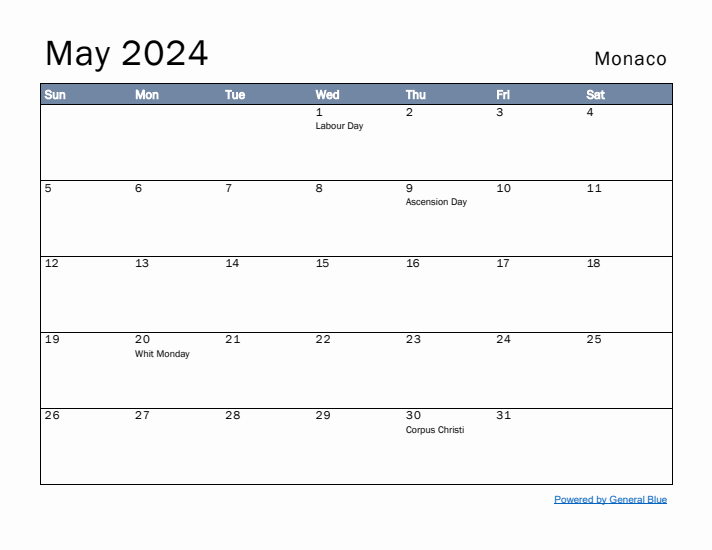 May 2024 Simple Monthly Calendar for Monaco