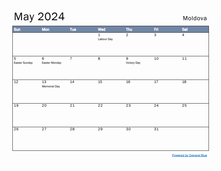 May 2024 Simple Monthly Calendar for Moldova