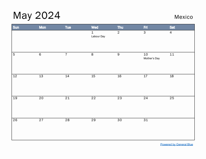 May 2024 Simple Monthly Calendar for Mexico