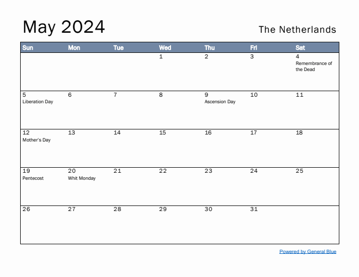 May 2024 Simple Monthly Calendar for The Netherlands