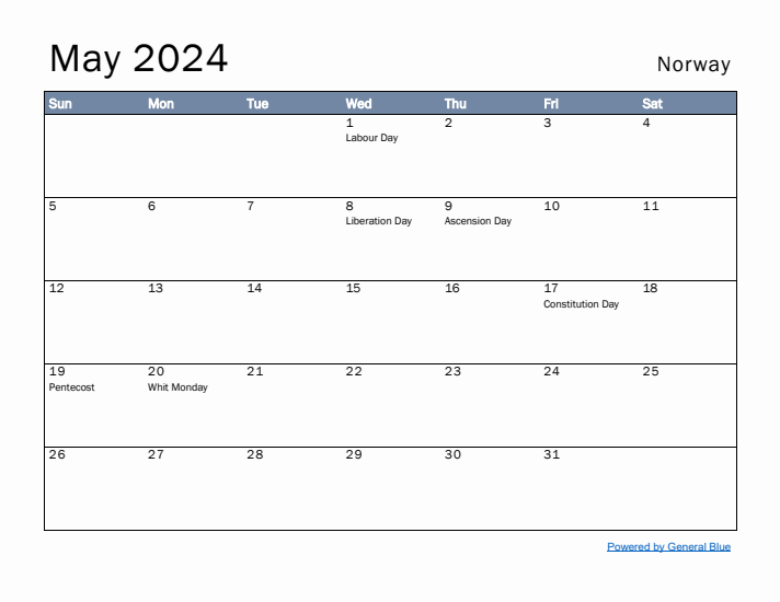 May 2024 Simple Monthly Calendar for Norway